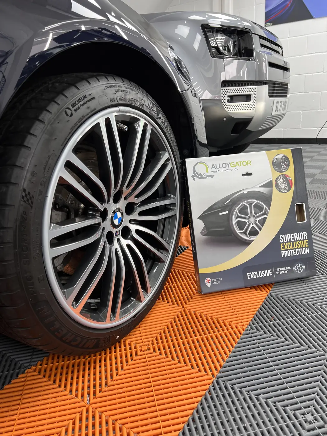 Alloygator rim protection fitted to a new car wheel